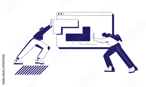 Joint development - a man and a woman combine blocks - elements of the puzzle towards each other in the form of a browser. Bicolor stylized illustration isolated on white background