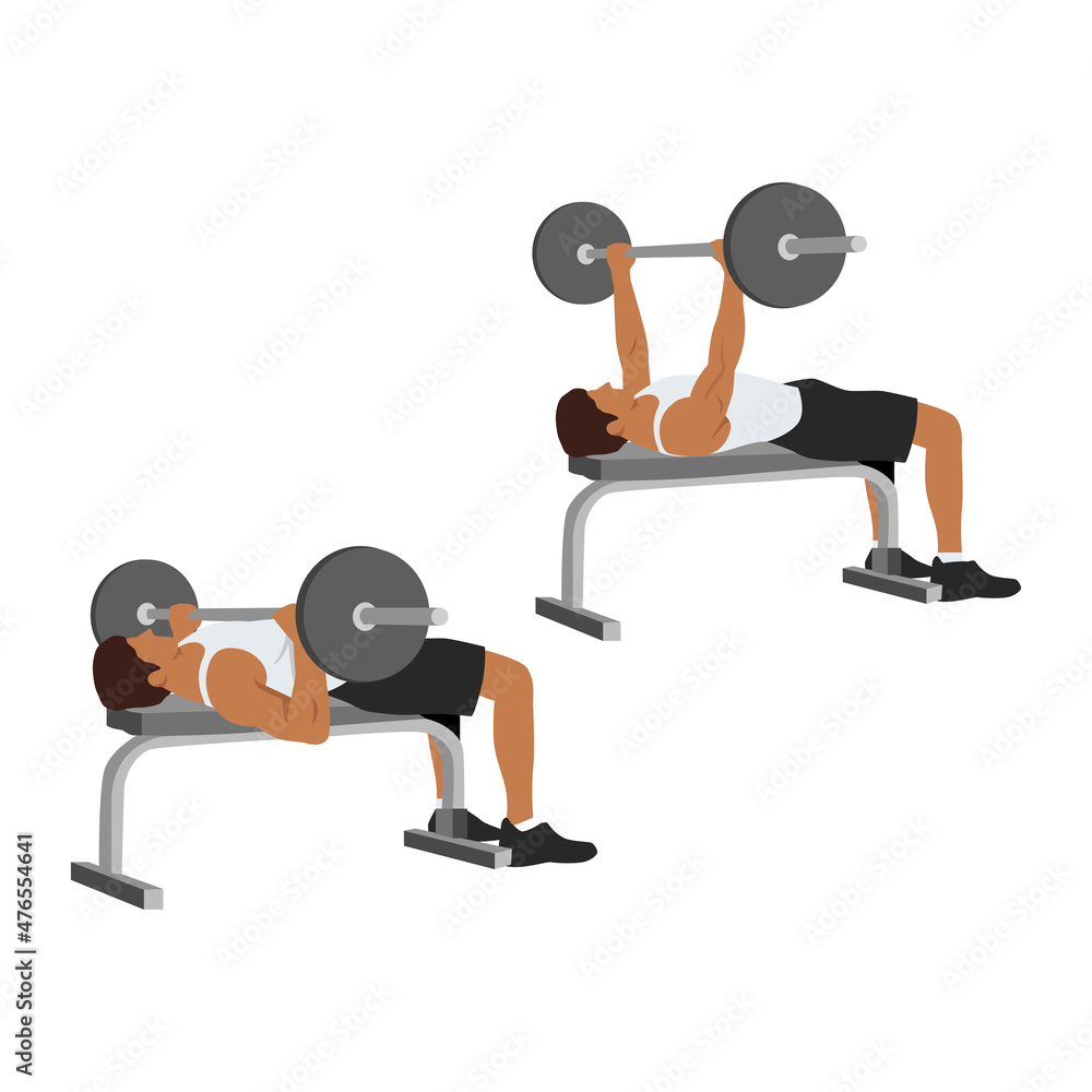 Man doing barbell bench press. Chest Press. flat vector illustration isolated on different layers