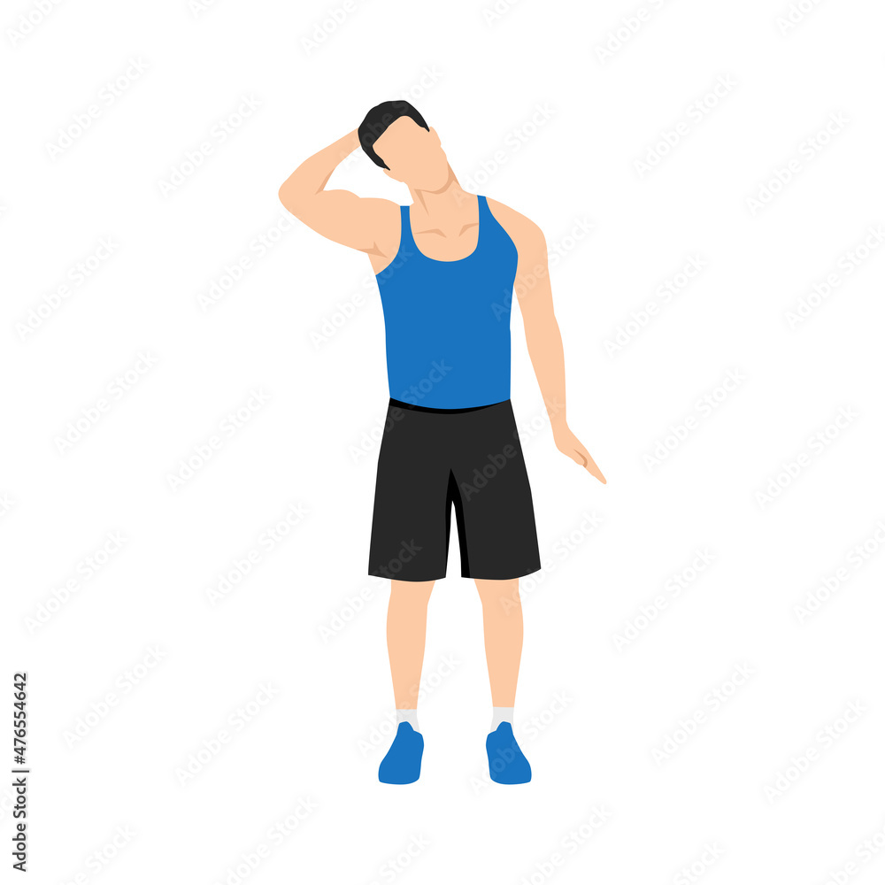 Man doing neck stretch exercise. Flat vector illustration isolated on white background Man doing neck stretch exercise. Flat vector illustration isolated on white background