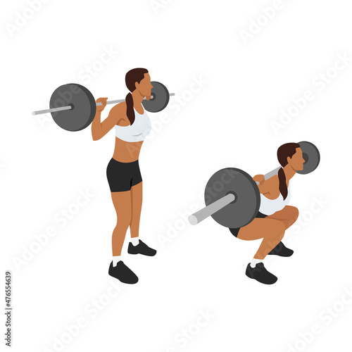 Woman doing barbell squat flat vector illustration isolated on white background