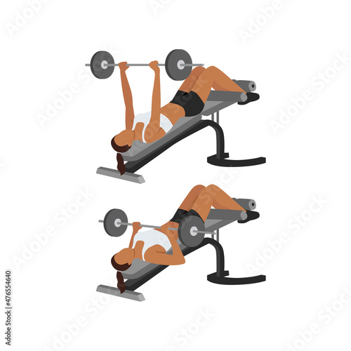 Woman doing Decline barbell bench press exercise. Flat vector illustration isolated on white background