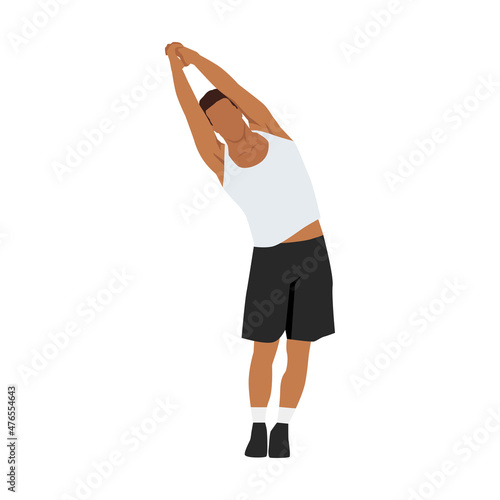 Man doing standing side bend stretch exercise. Flat vector illustration isolated on white background