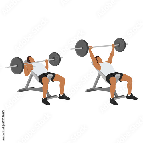 Incline barbell bench press exercise. Flat vector illustration isolated on white background. Workout character