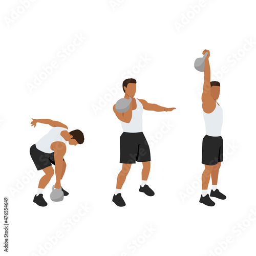 Man doing Kettlebell single arm clean and press exercise. Flat vector illustration isolated on white background