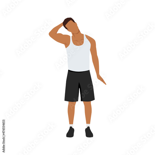 Man doing neck stretch exercise. Flat vector illustration isolated on white background