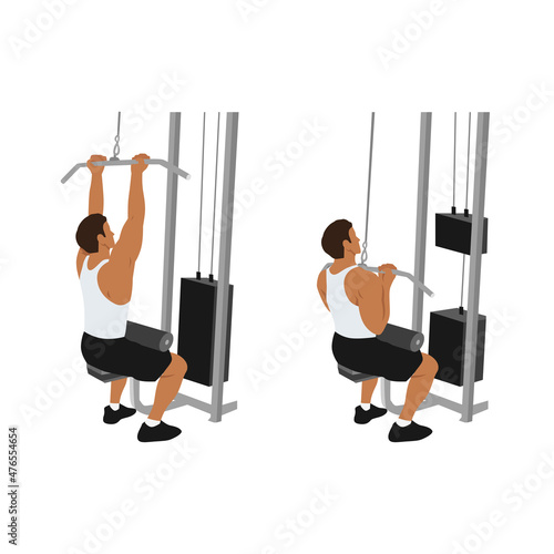 Man doing Close grip lat pulldowns flat vector illustration isolated on white background