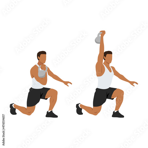 Kneeling kettlebell press exercise. Flat vector illustration isolated on white background.Workout character