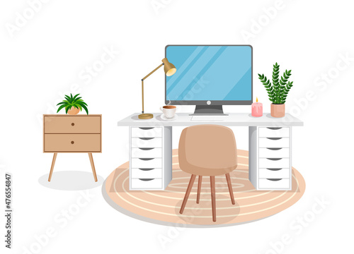 Modern interior for home office with computer, cabinet, remote work, freelancing, education. Workplace with houseplants. Vector illustration in flat cartoon style. Comfortable workplace and apartment.