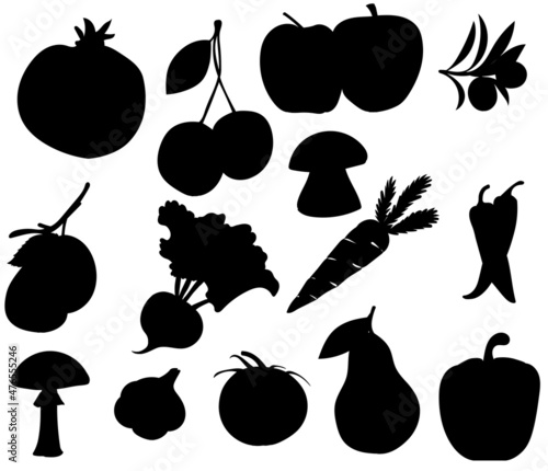 silhouette vegetables, fruits set isolated, vector