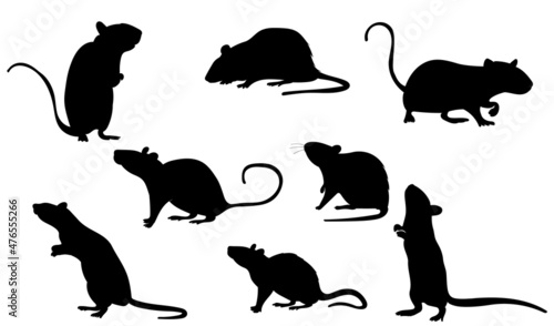 black silhouette rat, mouse set isolated, vector