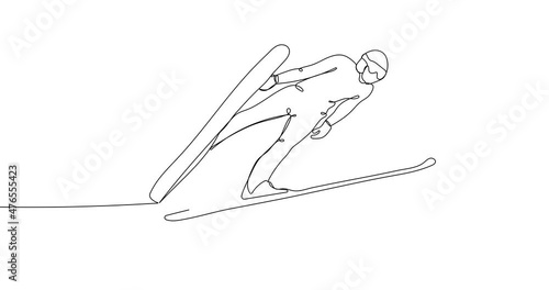 Animated continuous line drawing of  Jump skier on his flight over the land. Outdoor extreme sport. Winter season sport