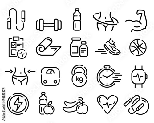 Fitness icon set. Gymnastic exercise for health pictogram for web. Line stroke. Sport icons isolated on white background. Vector eps10