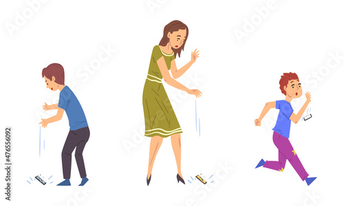 Young Woman and Kid Dropping Their Smartphone by Accident Vector Set
