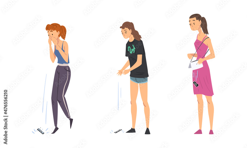 Young Woman Dropping Their Smartphone by Accident Vector Set Young Woman Dropping Their Smartphone by Accident Vector Set