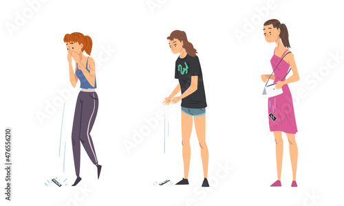 Young Woman Dropping Their Smartphone by Accident Vector Set