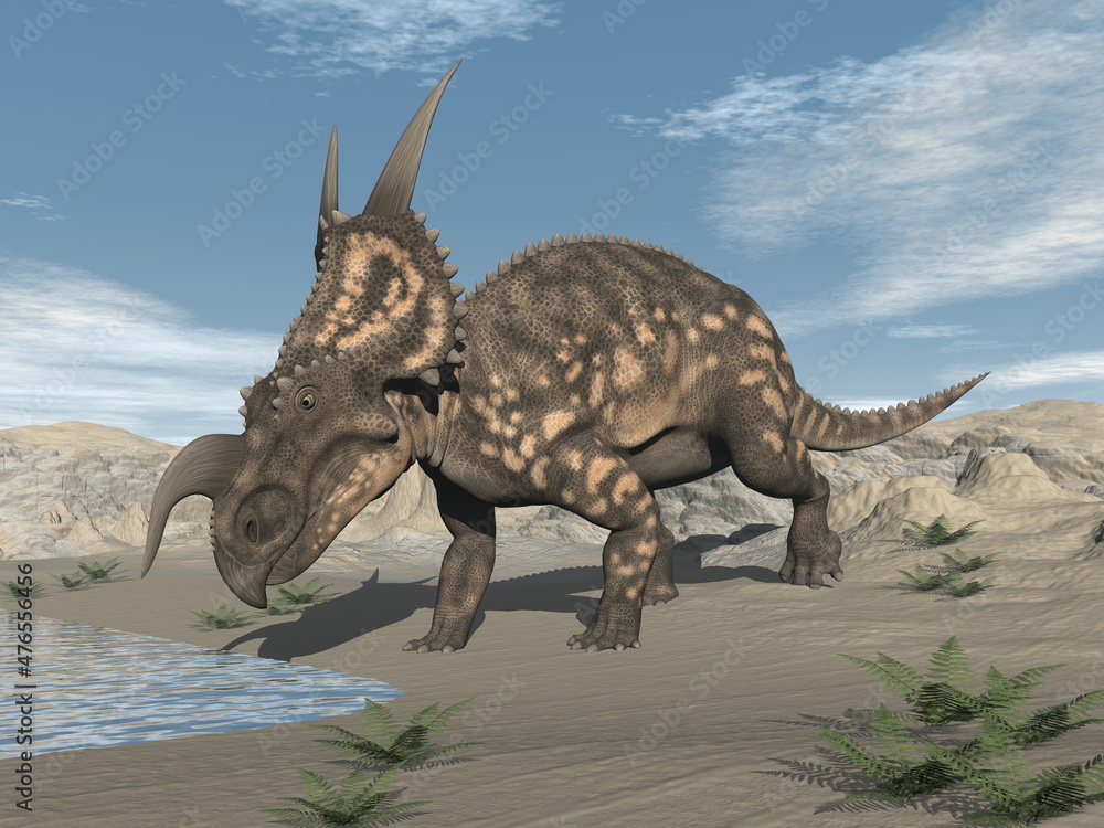 Einiosaurus dinosaur in the desert - 3D render