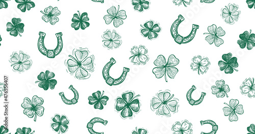 Clover, horseshoe set, St. Patrick's Day. Hand drawn illustrations. Vector.	 photo