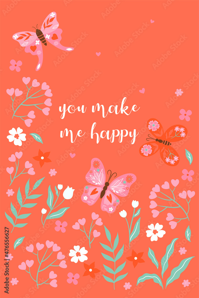 Valentine's day card with butterflies and flowers. Vector graphics.