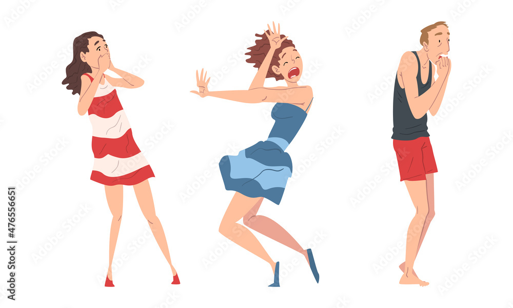 Panicked Man and Woman Afraid of Something Shouting with Fear Feeling Scared and Terrified Vector Set Panicked Man and Woman Afraid of Something Shouting with Fear Feeling Scared and Terrified Vector Set