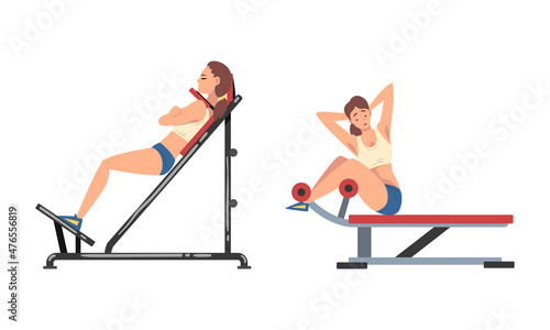 Woman at Gym Training with Sport Machine Vector Set