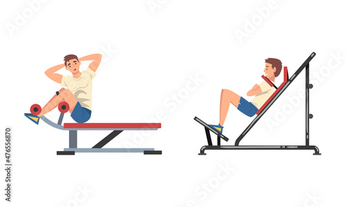 Man at Gym Training with Sport Machine Vector Set