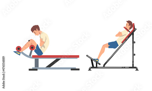 Man at Gym Training with Sport Machine Vector Set