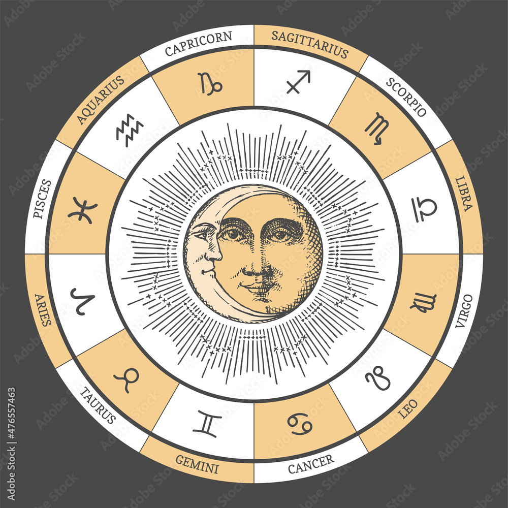 Horoscope circle with Sun, Crescent in vector. Horoscope circle with Sun, Crescent in vector.