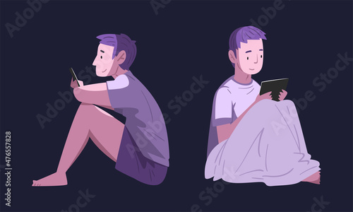 Man Character Using Digital Gadget at Night Sitting on Bed in the Dark Vector Set