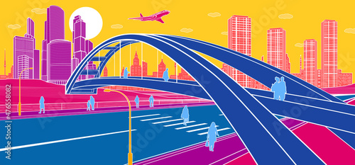 Colorful infrastructure city illustration. Pedestrian bridge over the highway. People walking on street. Modern town, urban scene. White lines on color background. Vector design art 