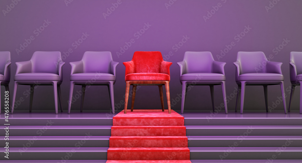 Obraz premium 3d render of red chair standing out from the crowd. Business concept.