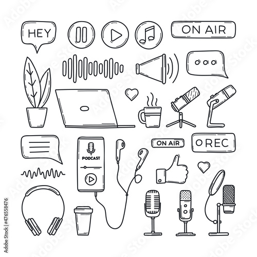 Podcast, sound recording, listening audio, live broadcast symbols in doodle style isolated on white background. Microphone, headphones, laptop, speech bubbles. Hand drawn sketch vector illustration
