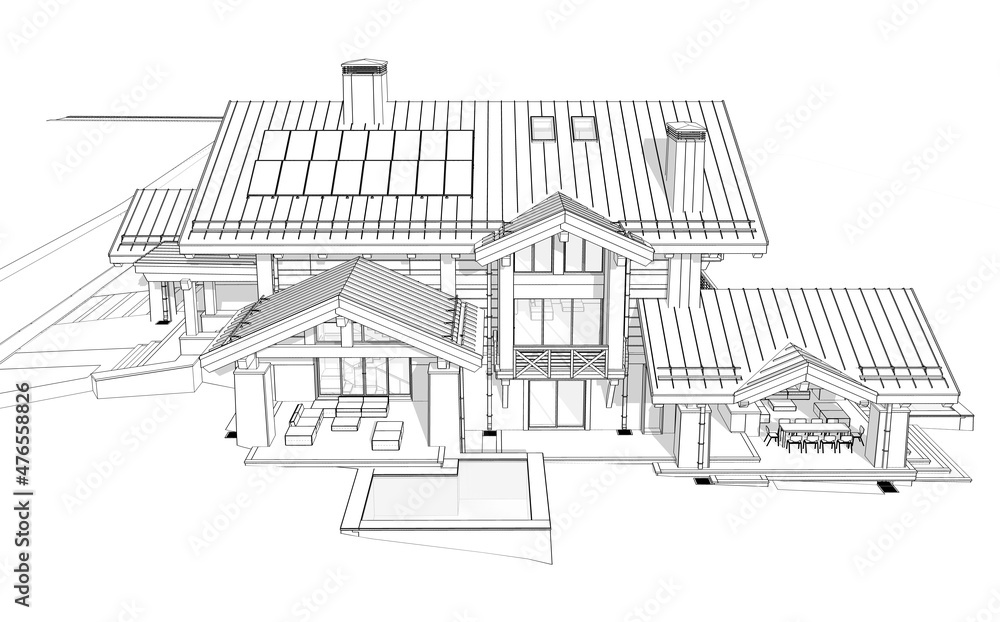 3d rendering of modern cozy chalet with pool and parking for sale or rent. Massive timber beams columns. Black line sketch with soft light shadows on white background. 3d rendering of modern cozy chalet with pool and parking for sale or rent. Massive timber beams columns. Black line sketch with soft light shadows on white background.