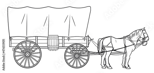 Covered wagon with two horses stock illustration.