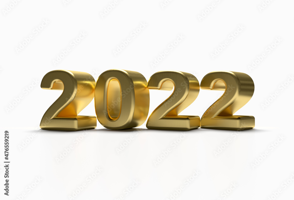 Gold 2022 new year 3d render illustration isolated on white background, Perspective View. Gold 2022 new year 3d render illustration isolated on white background, Perspective View.