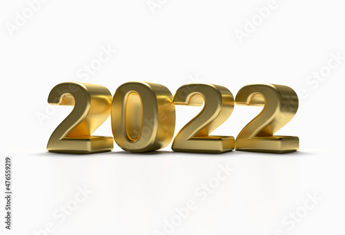Gold 2022 new year 3d render illustration isolated on white background, Perspective View.