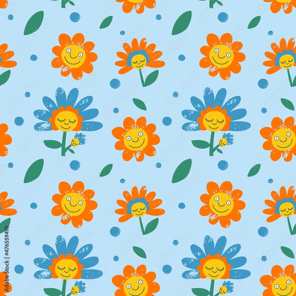 Seamless childish pattern with funny flowers. 
Creative kids texture for fabric, wrapping, textile, wallpaper, 
apparel. Seamless pattern with creative decorative flowers
 in cartoon style.