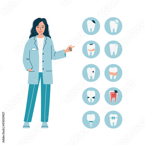 Young woman doctor dentist with icons of dental problems with teeth. Caries, cracks, tartar, braces. Female dentistry, oral care and treatment. Isolated flat vector illustration