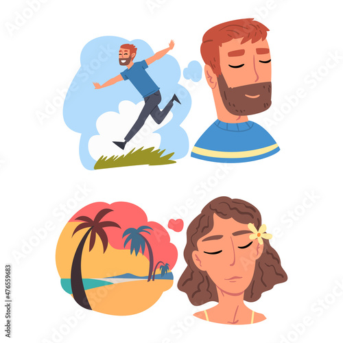 Young Man and Woman Thought and Need in Cloud Vector Set