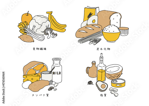 健康的な食生活に欠かせないもののセット　食物繊維、タンパク質、炭水化物、良質な油　ゆるい線画イラスト