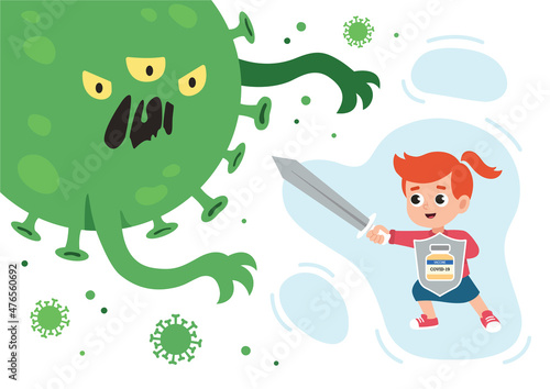 Vaccinated girl with sword and shield with bottle of vaccine is fighting with coronavirus monster