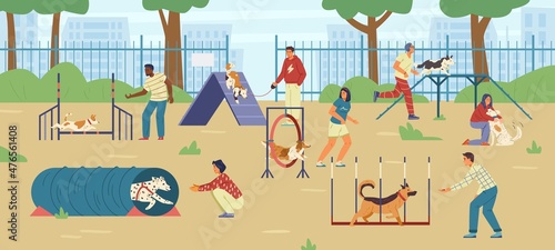 People training their dogs on agility field flat vector illustration. Different people with different dogs on playground.