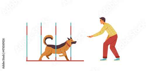 Man training his Shepherd Dog on agility field flat vector illustration. Dog runs slalom, owner gives him reward. Isolated.