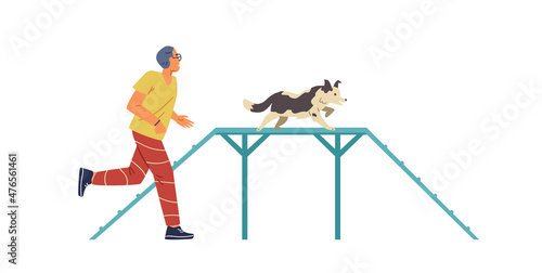 Man training his Border collie Dog on agility field flat vector illustration. Dog passing boarder slide, owner running alondside. Isolated.