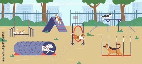 Different dogs on agility field flat vector illustration. Dogs passing different training obstacles.