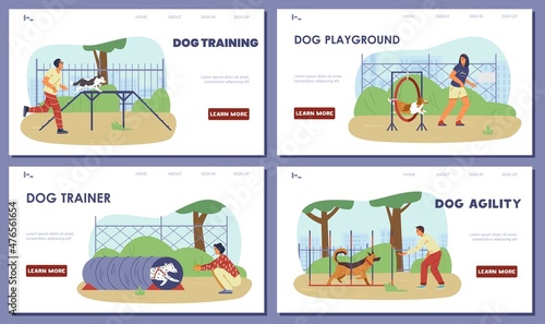People training their dogs on agility field vector set of landing page templates.