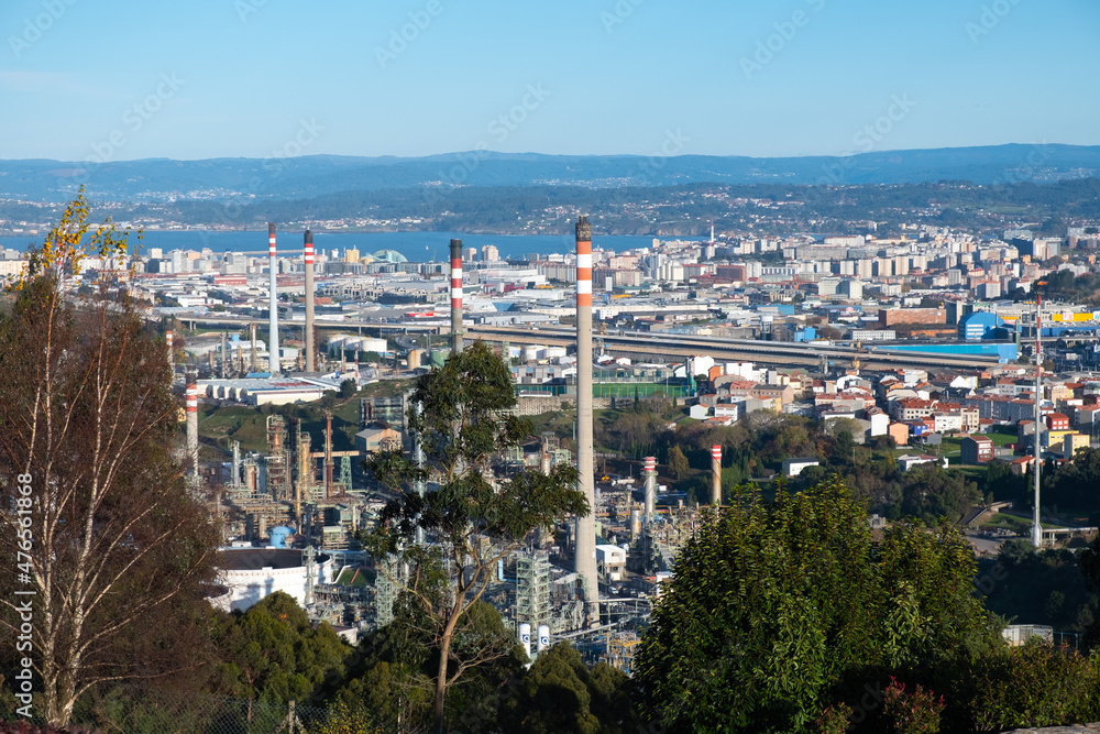 panoramic view of the city of A Coruña with the oil refinery in the foreground
