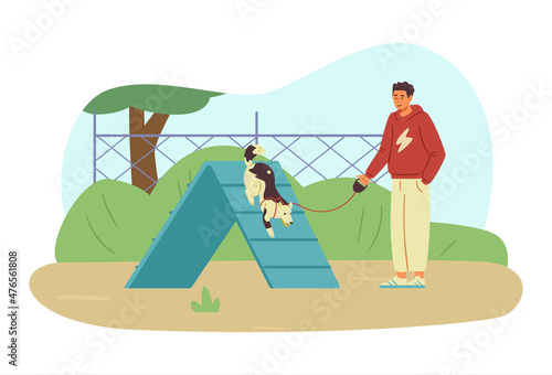 Man training his dog on agility field flat vector illustration. Dog passing boarder slide, owner standing alongside holding leash.