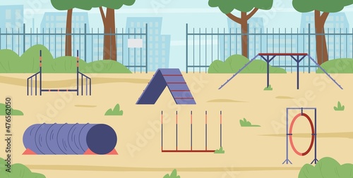 Agility field for dog training with equipment with no one flat vector illustration.