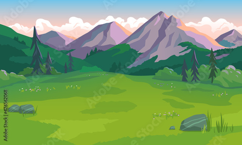 Vector illustration of a beautiful landscape with mountains,  green valley, stones and grass and cloudy pink sky at sunset