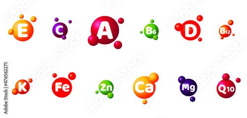 A set of bright round multi-colored vitamins and minerals. Volumetric design isolated on white background, eps 10.